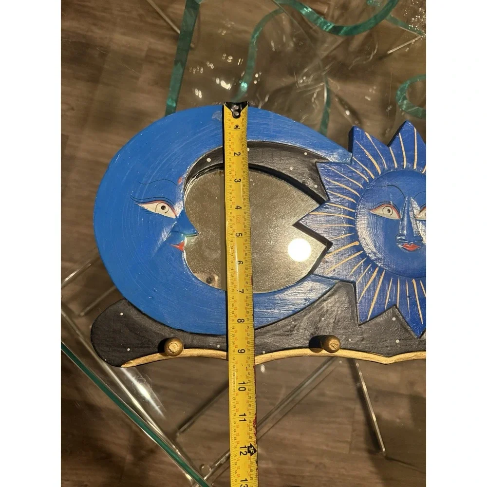 Vintage 90s Hand Painted Sun Moon Celestial Wall Mirror Coat Hooks Blue Black